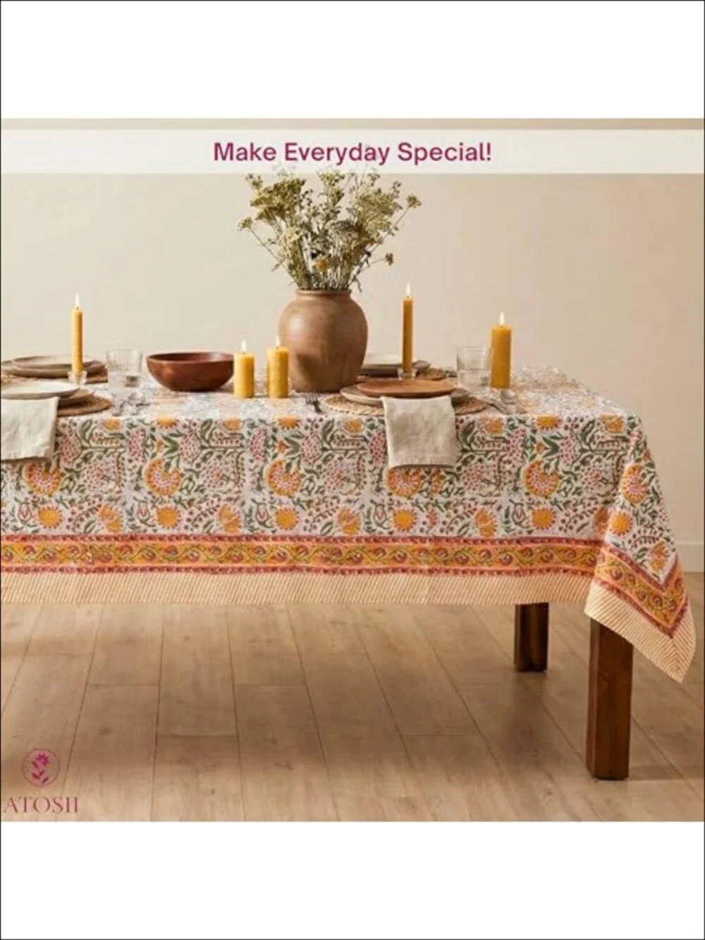 Handmade 100% Cotton Block Print Floral Rectangle Tablecloth 60x90